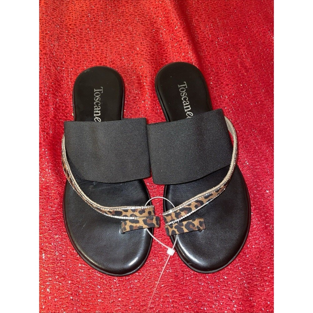 Toscanella Women's Black Brown Animal Print Rhinestone Thong Sandals Slip-On 7